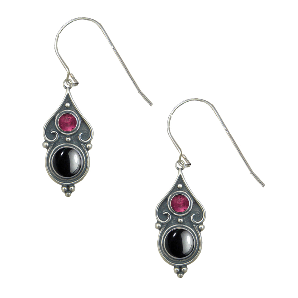 Sterling Silver Designer Post Stud Earrings With Hematite And Pink Tourmaline